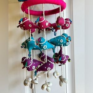 Felt Bird Mobile,Pink,Blue & Purple With Cowrie Seashells On The Bottom